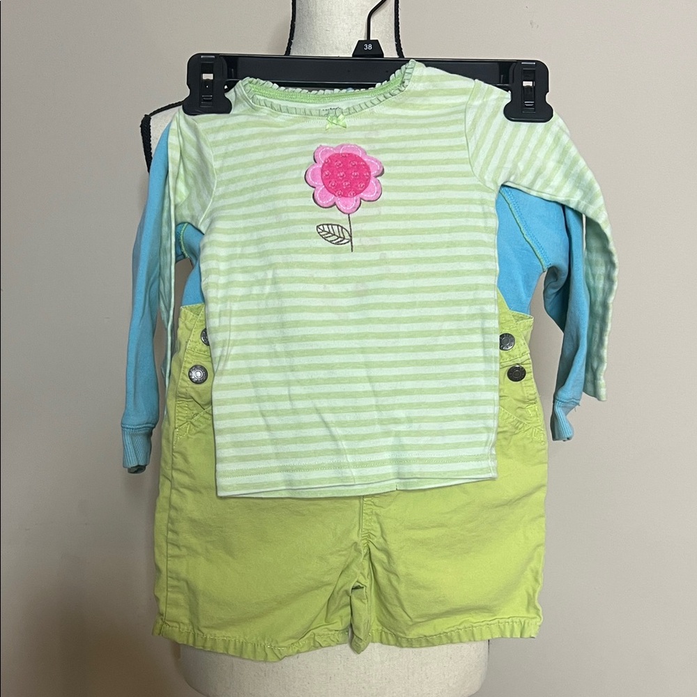 Striped Green and Blue Toddler Outfit with Pink Flower